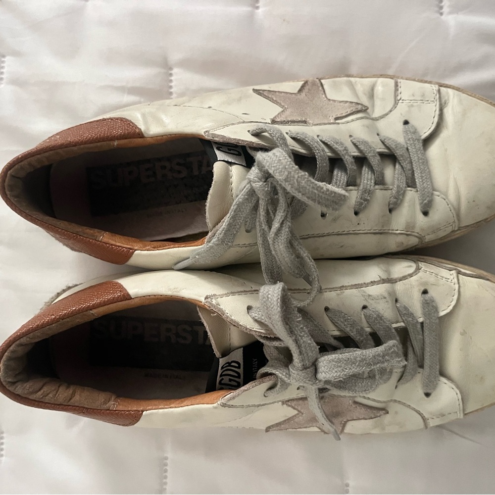Golden Goose White and Tan Sneakers